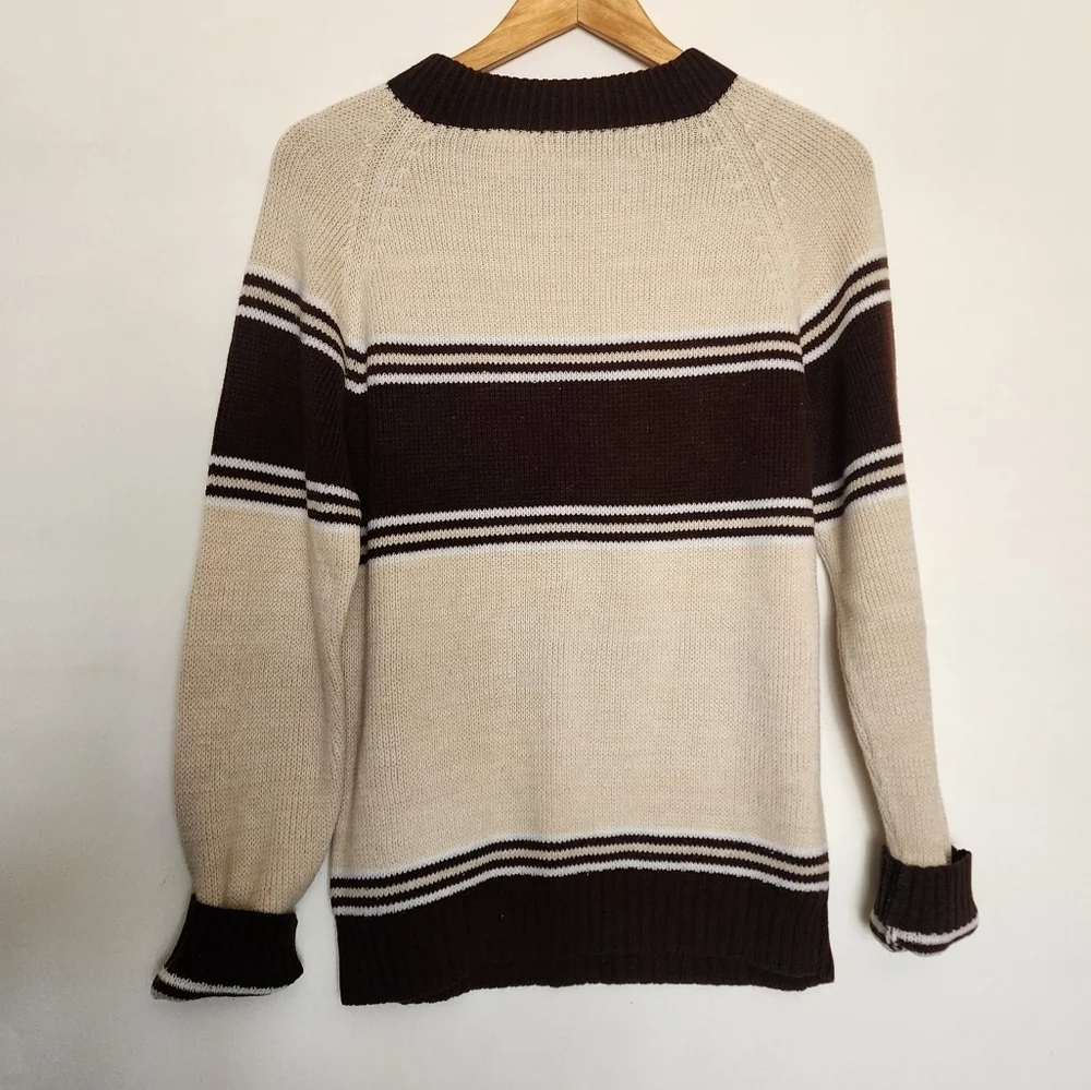 Vintage Ferranti California Striped Raglan Knit Sweater Brown & Cream Acrylic